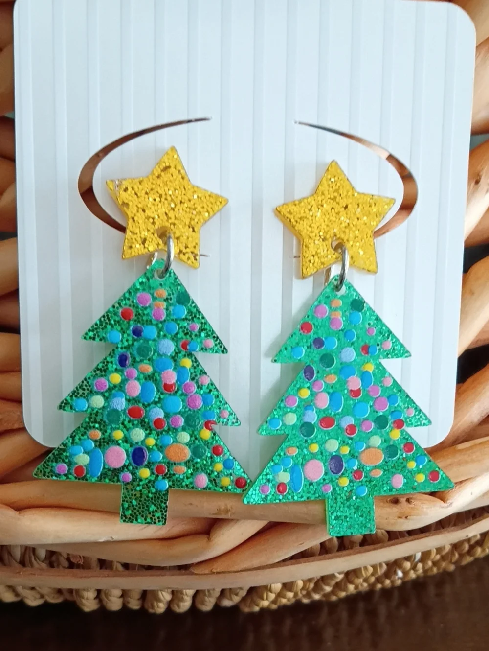 Festive Green Glitter Christmas Tree Earrings with Gold Star